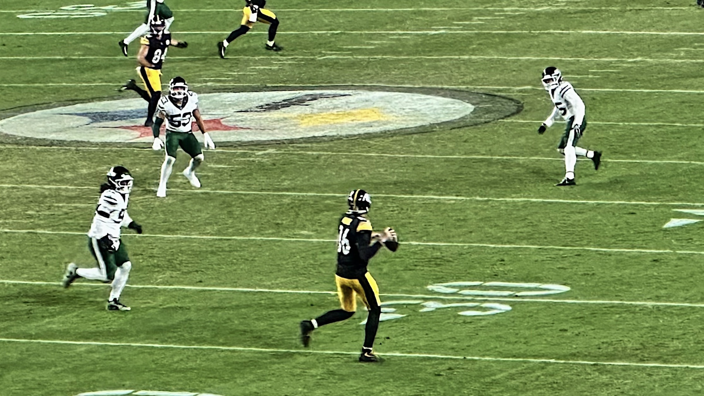 Steelers quarterback Drew Allar dropping back against the Jets, 2026 preseason