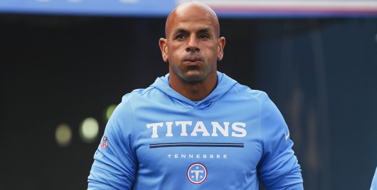 Titans head coach Robert Saleh on the field before a game at Nissan Stadium